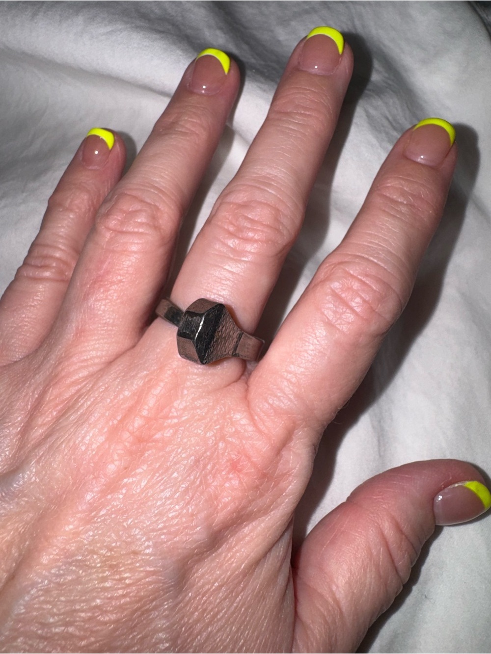 Vintage Artisan Brutalist Horseshoe Nail Ring Size 9.5 Waffle Head Silver Tone